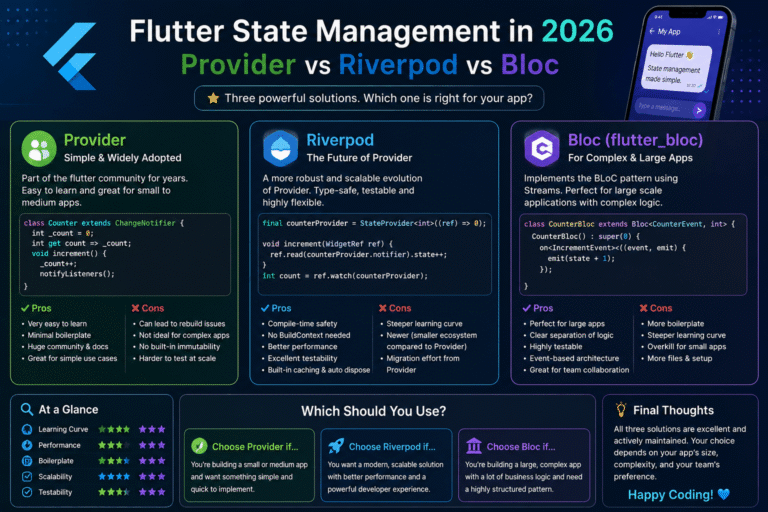 2. Flutter State Management in 2026 Provider vs Riverpod vs Bloc
