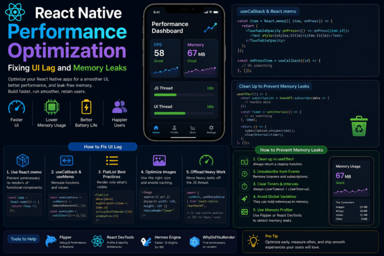 Learn React Native performance optimization techniques to fix UI lag, reduce memory usage, prevent memory leaks, optimize FlatList, and improve app performance.