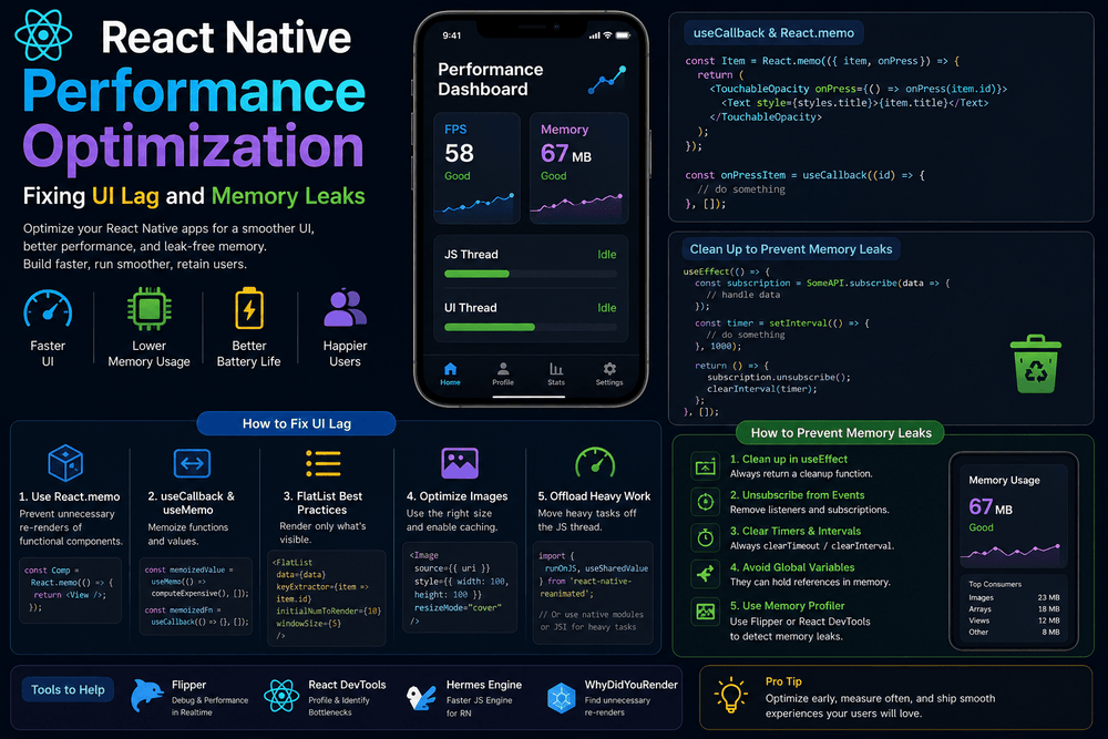 Learn React Native performance optimization techniques to fix UI lag, reduce memory usage, prevent memory leaks, optimize FlatList, and improve app performance.